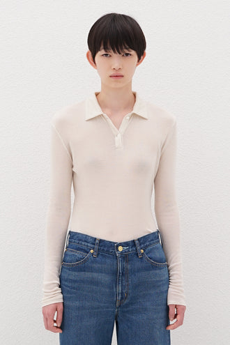 Long-Sleeve Polo Shirt Cashmere-Blended Ivory